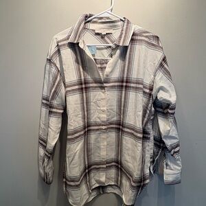LOFT Plaid Button Down Shirt - White and Brown